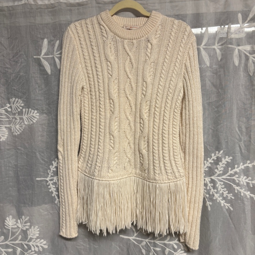 Ends 11/26 GUC Tory Burch Ivory Cable Knit Merino Blend Fisherman Fringe Sweater